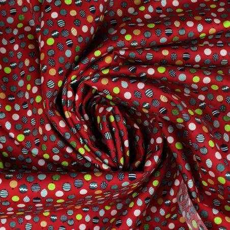 Tissu coton rouge imprimé boules de Noël - oeko tex