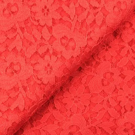 Tissu dentelle polyester stretch corail fleuri