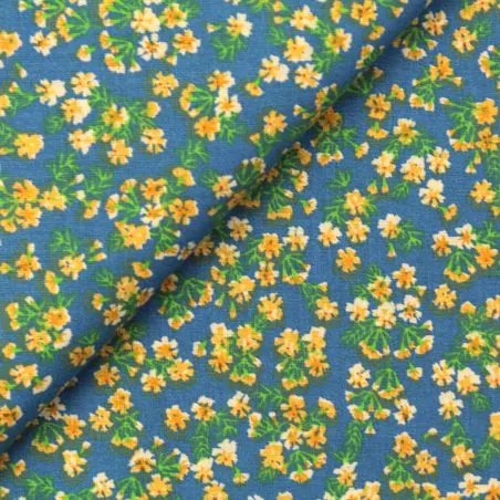 Tissu coton bleu imprimé fleuri jaune