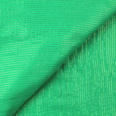 Tissu coton double gaze uni de couleur vert rayures or