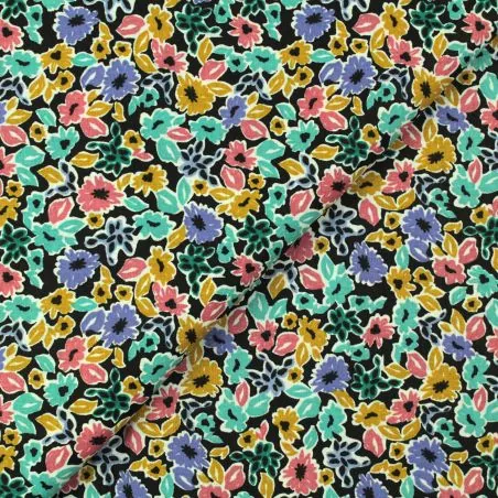 Tissu coton noir imprimé fleuri multicolore