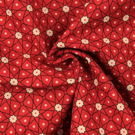 Tissu en coton motif pois et fleurs sur fond rouge