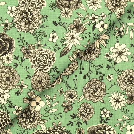 Tissu en coton vert sauge à motif floral