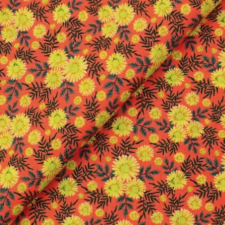 Tissu coton jaune et orange à motif floral