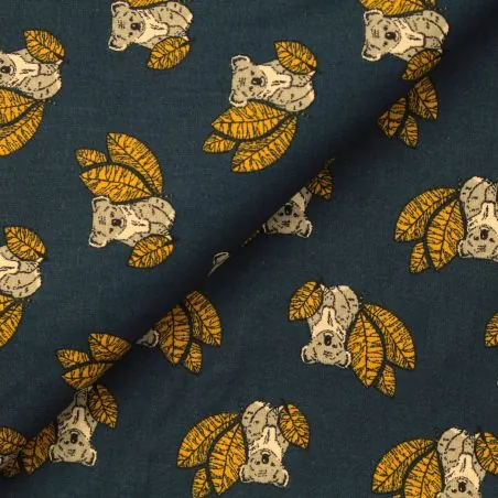 Tissu en coton bleu marine à motif koala