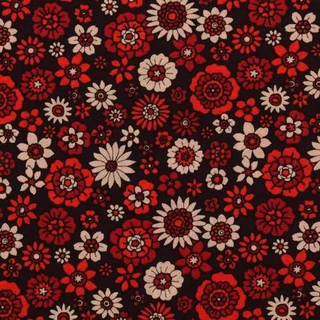 Tissu coton à motif floral rouge et bordeaux