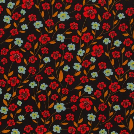 Tissu coton noir imprimé fleuri, rouge et bleu