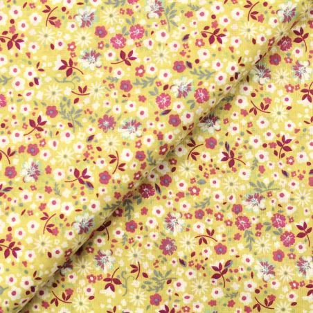 Tissu coton jaune paille imprimé fleuri