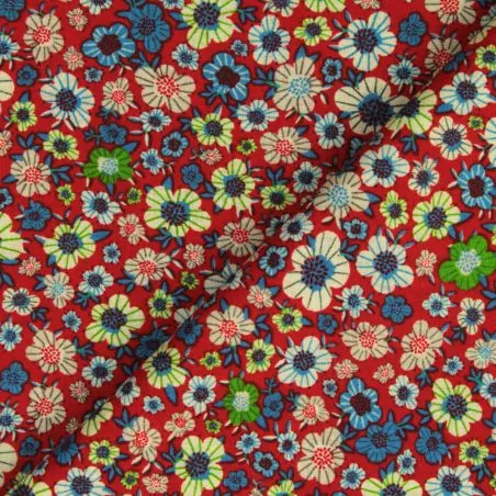 Tissu coton rouge imprimé fleuri multicolore