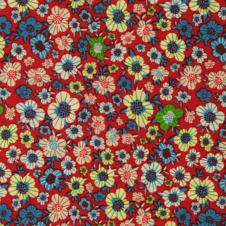 Tissu coton rouge imprimé fleuri multicolore