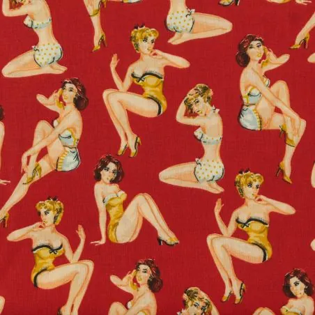 Tissu en Coton Rouge à Imprimé Pin-Up