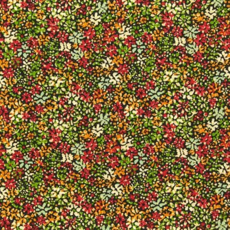 Tissu en Coton Noir Imprimé Fleuri Multicolore