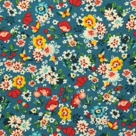 Tissu coton bleu foncé imprimé fleuri multicolore