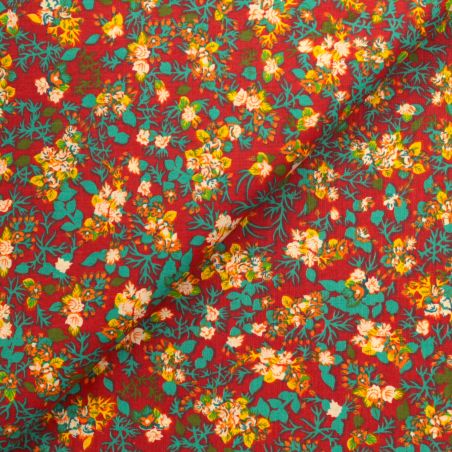 Tissu coton rouge imprimé fleuri