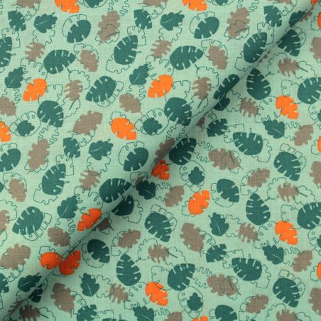 Tissu coton imprimé feuilles orange et bleu - Motif Naturel