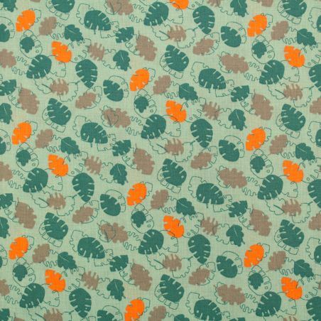 Tissu coton imprimé feuilles orange et bleu - Motif Naturel