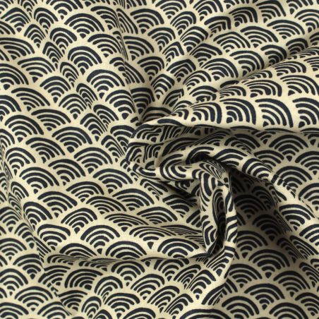 Tissu de coton motif traditionnel japonais aux éventails SENSU beiges