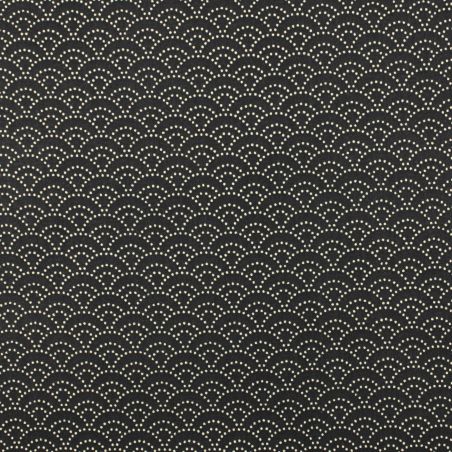 Tissu de coton noir motif traditionnel japonais aux éventails SENSU blanc