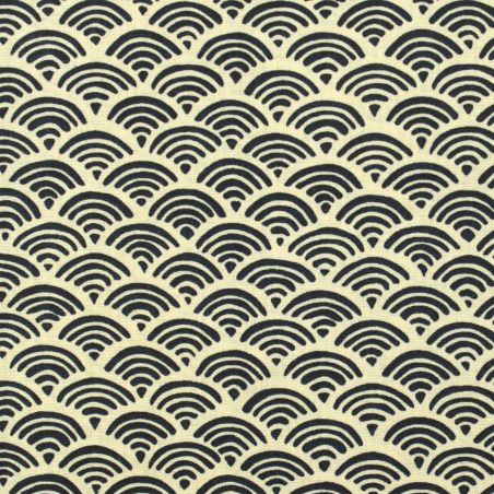 Tissu de coton beige à motif traditionnel japonais aux éventails SENSU bleu foncé