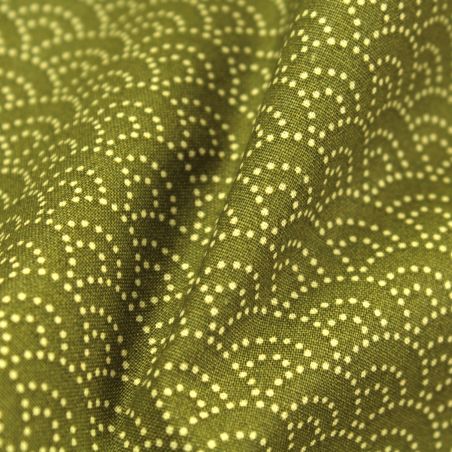 Tissu de coton vert à motif traditionnel japonais aux éventails SENSU beige