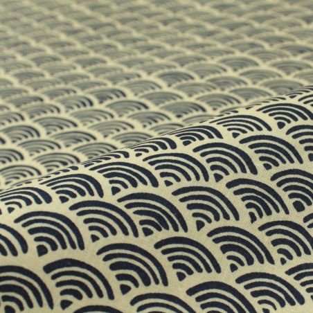 Tissu de coton bleu à motif traditionnel japonais aux éventails SENSU beige